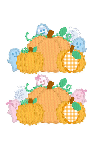 Applique Halloween Friendly Ghost Pumpkins With Bow Add On