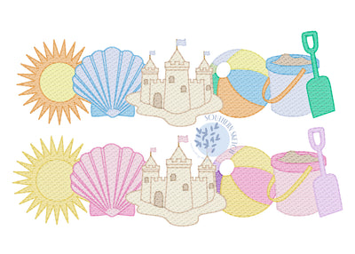 Beach Vacation Sketch Fill Light Fill Sun Shell Sand Castle Ball Toys Machine Embroidery Design 4x4, 5.5", 5x7, 6x10