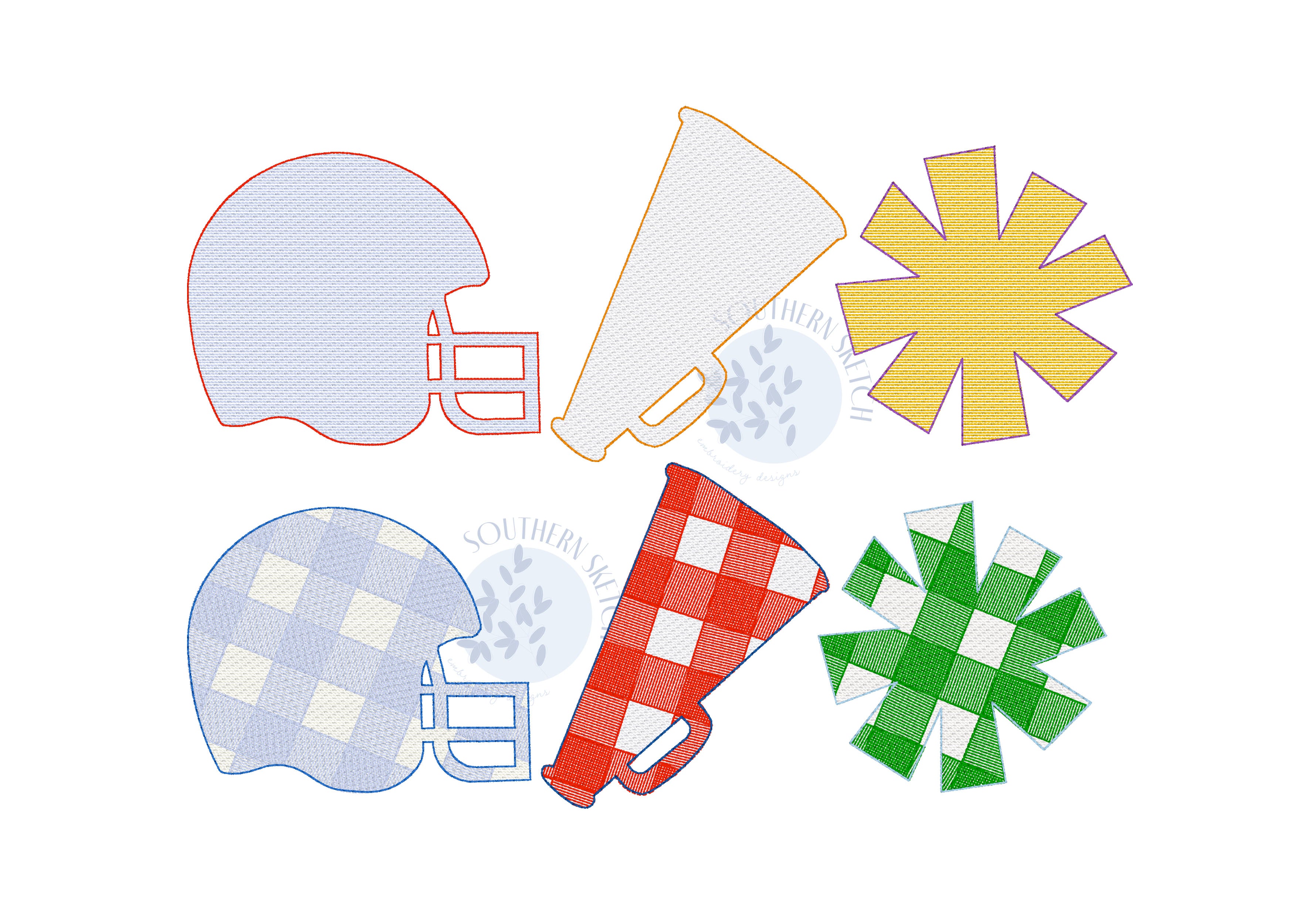 Gingham Cheer Football Trio Cheerleading Pom Pom Megaphone Helmet Fall Sports Machine Embroidery