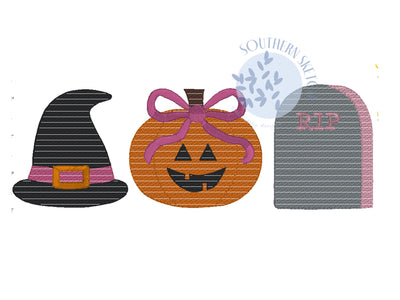 Sketch Girl Halloween Trio Machine Embroidery Design File Witch Hat, Jack-O-Lantern with a Bow, and Tombstone