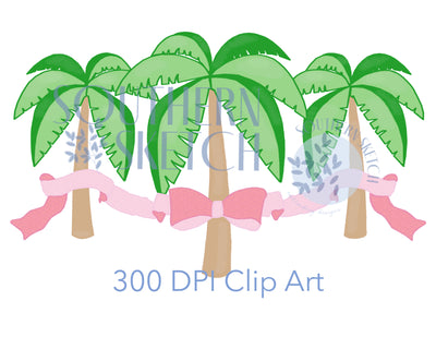 Palm Tree Bow Trio Instant Digital Download Watercolor PNG .png Clip Art File for Sublimation, Heat Transfer, and Stationery
