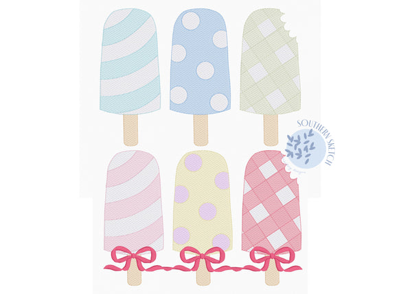 Popsicle Trio Sketch Fill with Satin Stitch Bows Gingham, Striped, Polka Dots Boy Girl Summer Machine Embroidery Design 4x4, 5