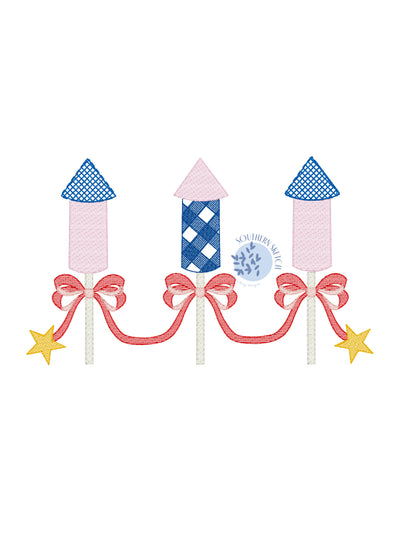 Gingham 4th of July Firework Bow Trio Girl Machine Embroidery Design Sketch Fill
