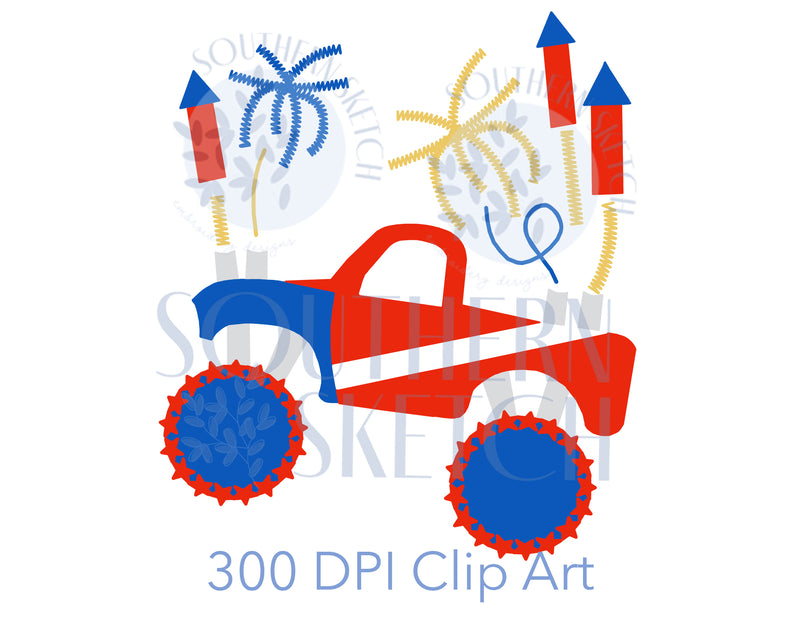 4th of July Monster Truck Watercolor .png Clip Art