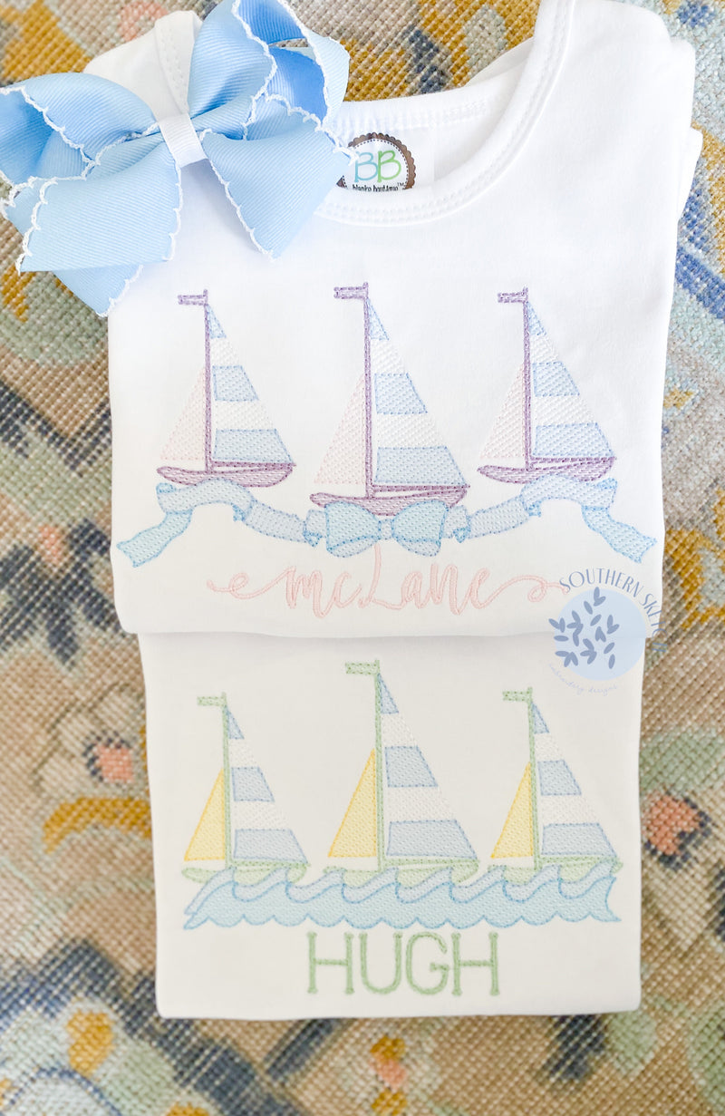 Sailboat Wave Trio Sketch Fill Light Fill Summer Beach Vacation Machine Embroidery Design File 4x4, 5", 5x7, 6x10