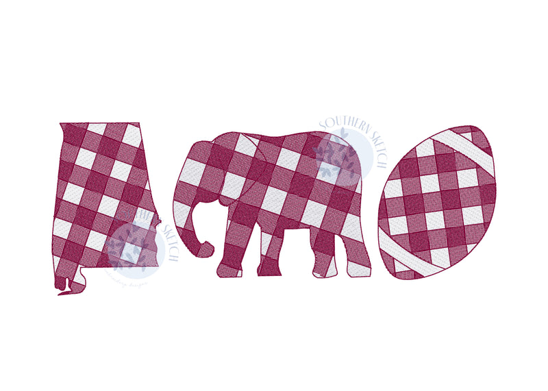Alabama Football Gingham Elephant Fall Sports College Sketch Light Fill Machine Embroidery Design Instant Digital Download 5", 5x7, 6x10 