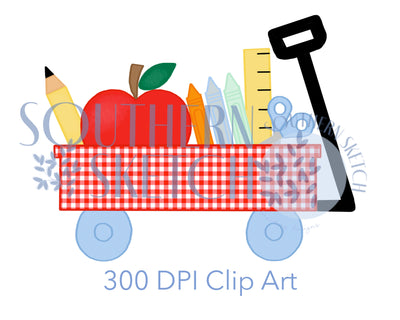 Back to School Gingham Wagon Instant Digital Download Watercolor PNG .png Clip Art File for Sublimation, Heat Transfer, and Stationery