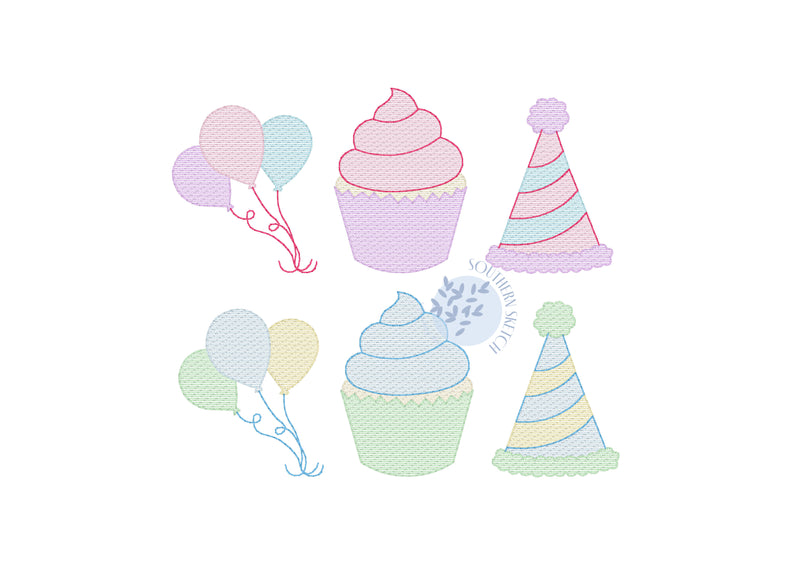 Happy Birthday Trio Balloons, Cupcake, Party Hat Sketch Fill Light Fill Machine Embroidery Digital Download Design 4x4, 5", 5x7, 6x10
