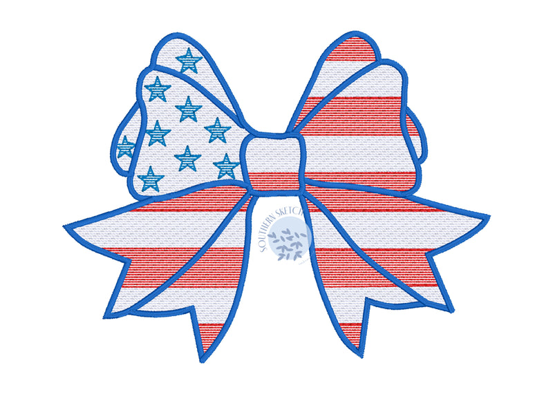 USA American Flag Bow Sketch Fill With a Satin Stitch Border Stars and Stripes 4th of July Girl Machine Embroidery Design 4x4, 5", 5x7, 6x10