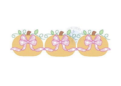 Gingham Bow Pumpkin Trio Girl Fall Thanksgiving Machine Embroidery Design Sketch Light Fill Instant Digital Download 5", 5x7, 6x10