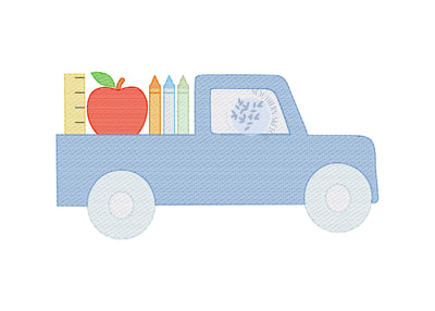 Back to School Pickup Truck Boy Apple, Ruler, Crayons Machine Embroidery Design Sketch Fill Light Fill Digital Download 4x4, 5", 5x7, 6x10