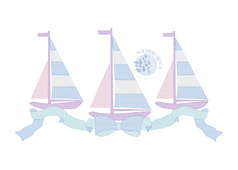 Sailboat Bow Trio Sketch Fill Light Fill Quick Stitch Summer Machine Embroidery Design File 4x4, 5", 5x7, 6x10