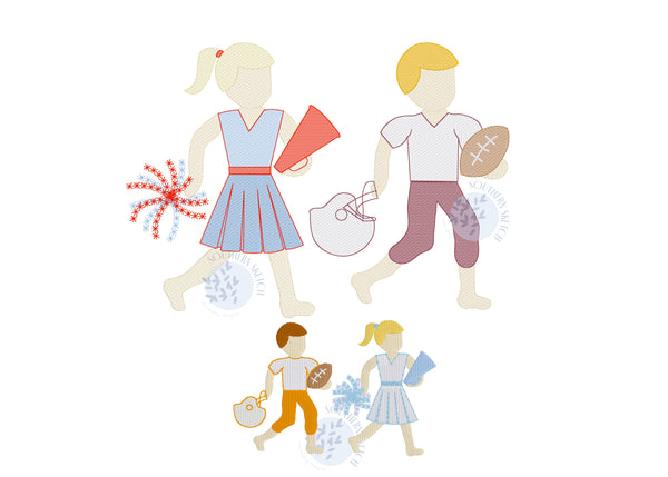 Football Player Cheerleader Bundle Sketch Fill and Mini Fill Stitch Girl Cheerleader Boy Football Player Machine Embroidery Design Digital