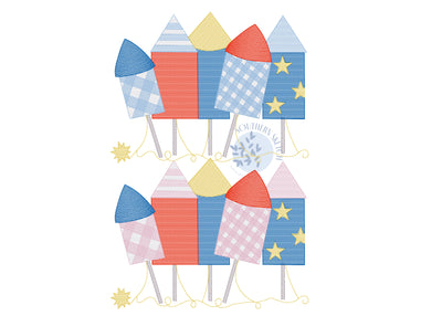Gingham Firework Rockets 4th of July Sketch Fill Light Fill Machine Embroidery Design 5", 5x7, 6x10
