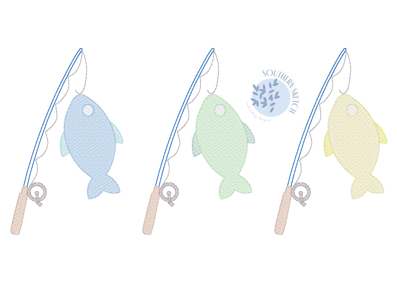 Fishing Pole Trio Fish Sketch Fill Light Fill Summer Boy Girl Machine Embroidery Design Instant Digital Download 4x4, 5