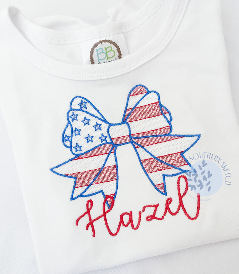 USA American Flag Bow Sketch Fill With a Satin Stitch Border Stars and Stripes 4th of July Girl Machine Embroidery Design 4x4, 5", 5x7, 6x10