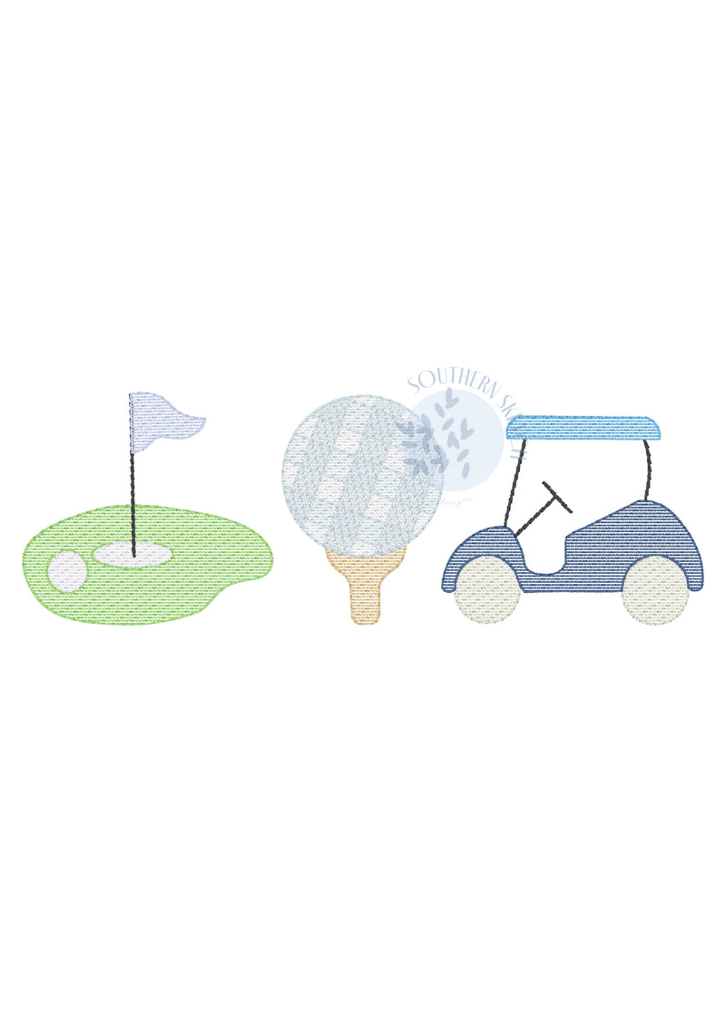 Gingham Golf Trio Sketch Fill Machine Embroidery Design Spring Summer Boy Girl Sports Golf Cart Instant Digital Download 4x4, 5", 5x7, 6x10