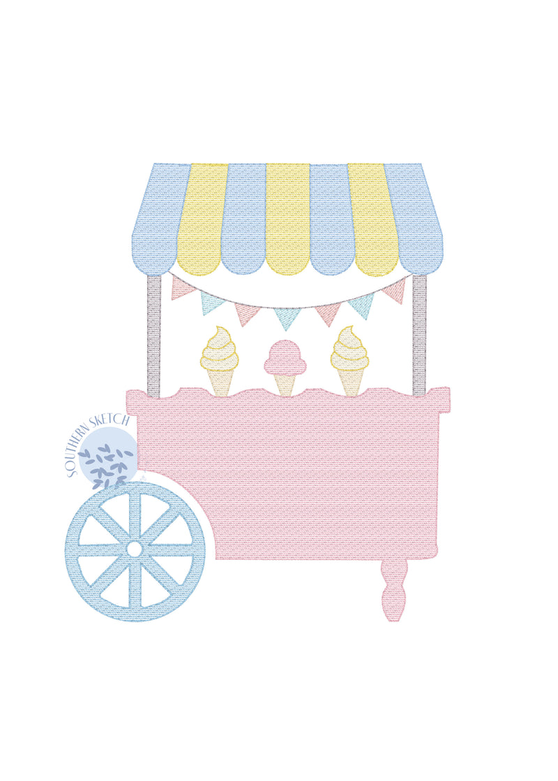 Ice Cream Cart Sketch Fill Light Fill Classic Southern Style Summer Machine Embroidery Design 4x4, 5", 5x7, 6x10