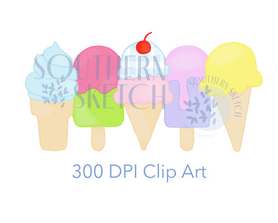 Popsicles and Ice Cream Cones Watercolor .png Clip Art