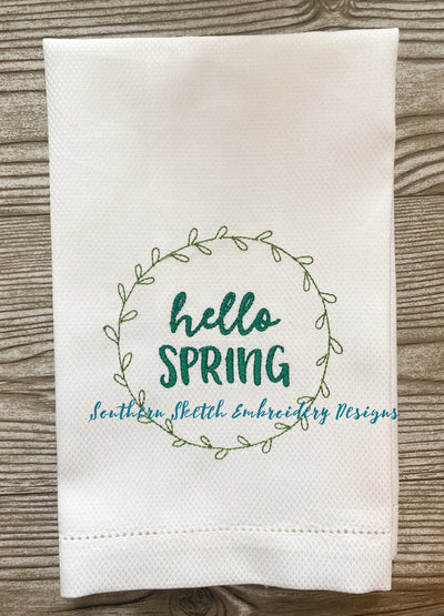 Hello Spring Wreath Linen Machine Embroidery Design