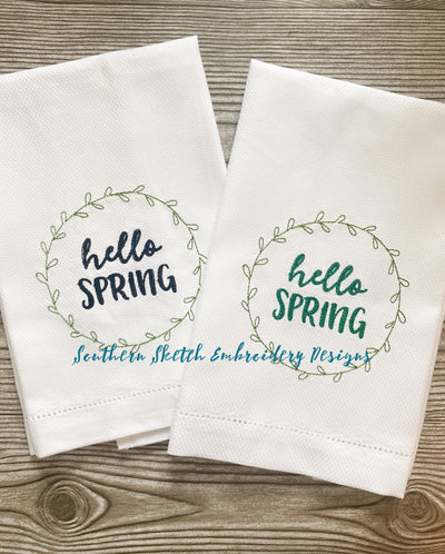 Hello Spring Wreath Linen Machine Embroidery Design