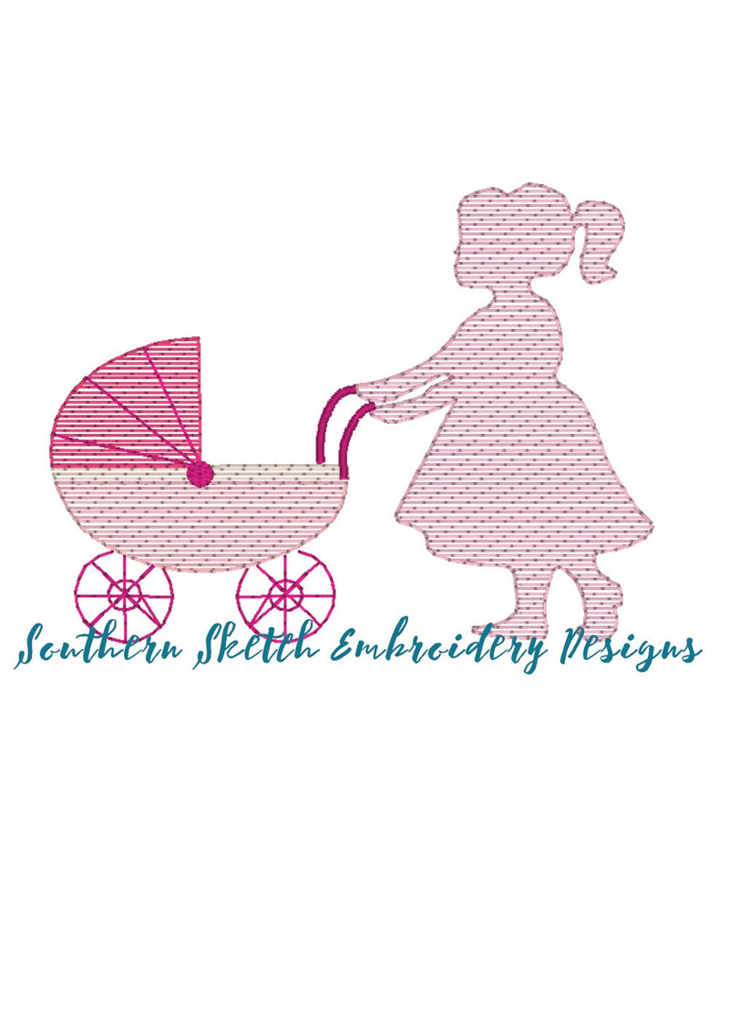 Sketch Doll Baby Girl Pushing Pram Machine Embroidery Design