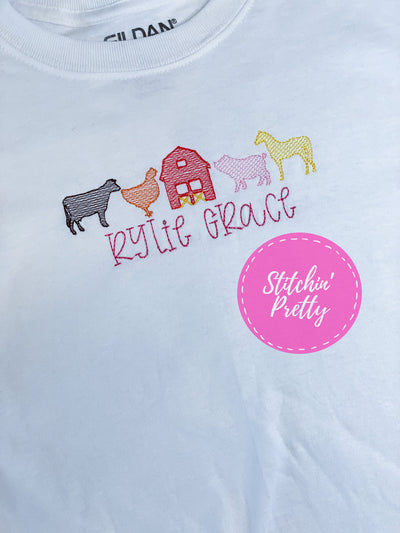 Cow, Pig, Chicken, Horse sketch fill machine embroidery design farm barn