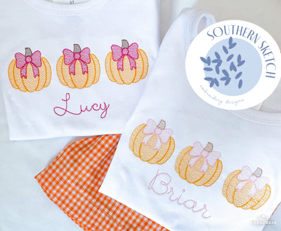 Sketch Pumpkin Bow Trio Machine Embroidery Design