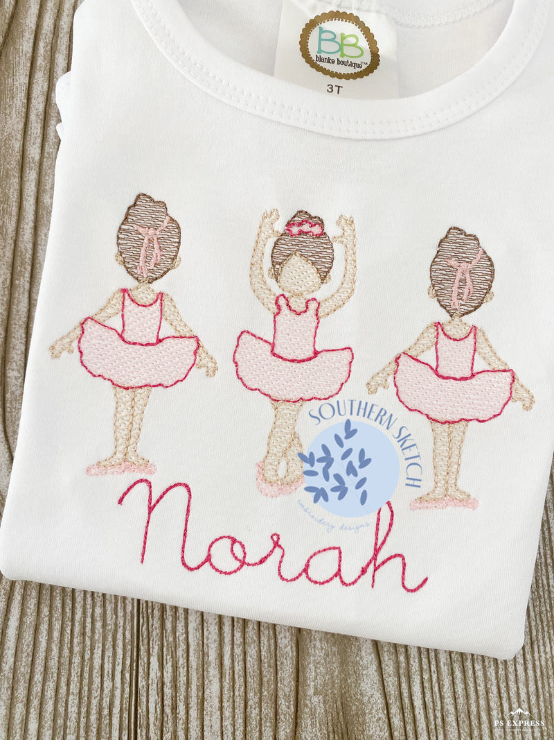 Sketch Girl Ballet Ballerina Trio Machine Embroidery Design