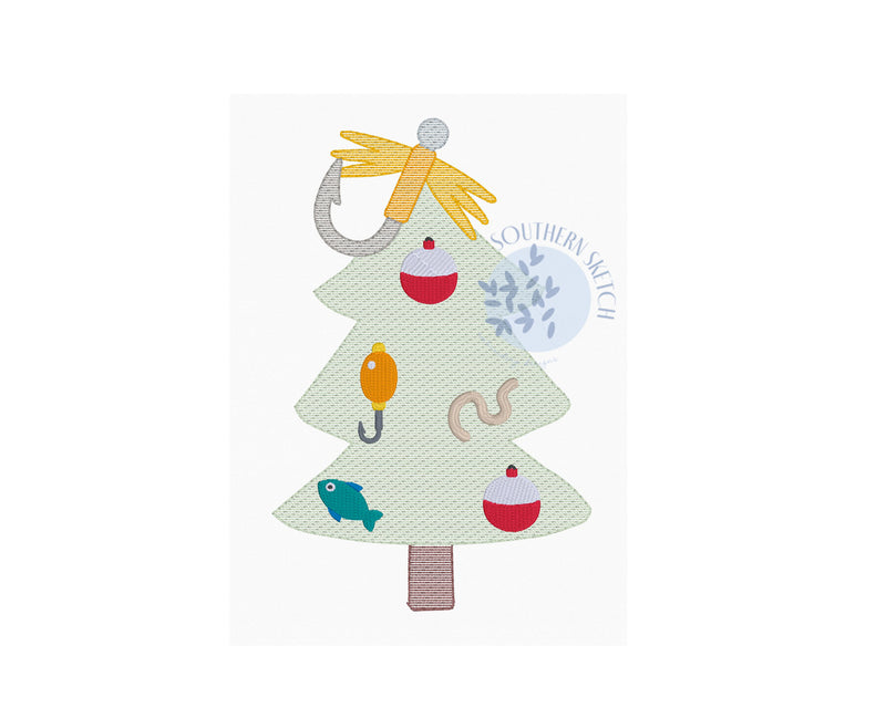 christmas tree decorated with fishing lures Fishing Lure Christmas Tree Machine Embroidery Design – Southern Sketch Designs