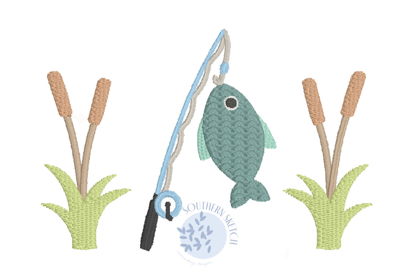 Mini Fill Stitch Fish Fishing Pole and Cattails Machine Embroidery Design