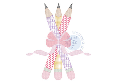 Back to School Bow Pencils Motif Sketch Fill Light Fill Quick Stitch Machine Embroidery Design File 4x4, 5", 5x7, 6x10