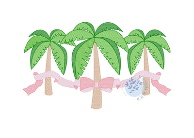 Palm Tree Bow Trio Sketch Fill Light Fill Girl Beach Machine Embroidery Design Instant Digital Download 4x4, 5.5", 5x7, 6x10