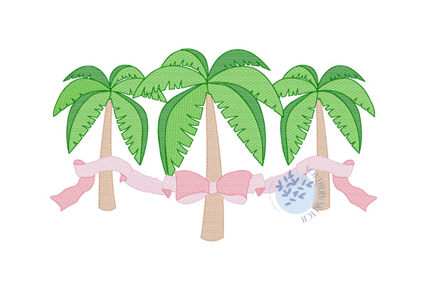 Palm Tree Bow Trio Sketch Fill Light Fill Girl Beach Machine Embroidery Design Instant Digital Download 4x4, 5.5