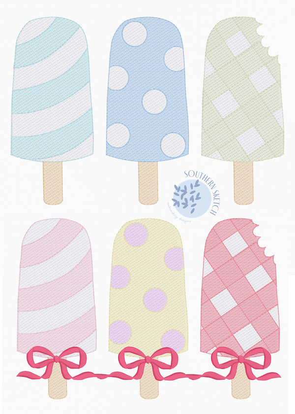 Popsicle Trio Sketch Fill with Satin Stitch Bows Gingham, Striped, Polka Dots Boy Girl Summer Machine Embroidery Design 4x4, 5