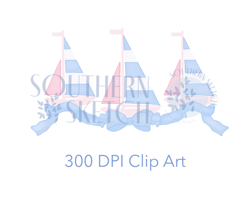 Sailboat Bow Trio Summer Vacation Instant Digital Download Watercolor PNG .png Clip Art File for Sublimation, Heat Transfer, and Stationery 