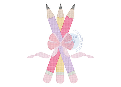 Back to School Bow Pencils Motif Light Fill Quick Stitch Machine Embroidery Design File 4x4, 5", 5x7, 6x10
