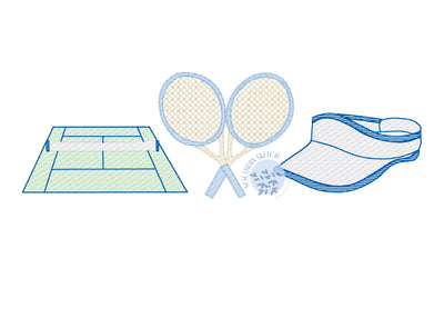 Tennis Pro Rackets, Visor, Court Trio Machine Embroidery Sketch Fill Light Fill Digital Download Design size 4x4, 5 in, 5x7, 6x10