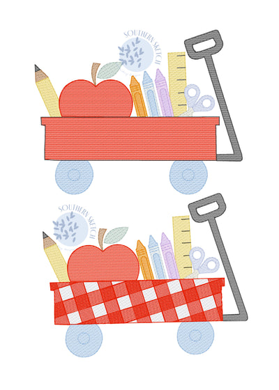 Back to School Gingham Wagon Apple, Pencil, Crayons, Ruler, Scissors Fall Machine Embroidery Design Sketch Fill Light Fill Instant Download