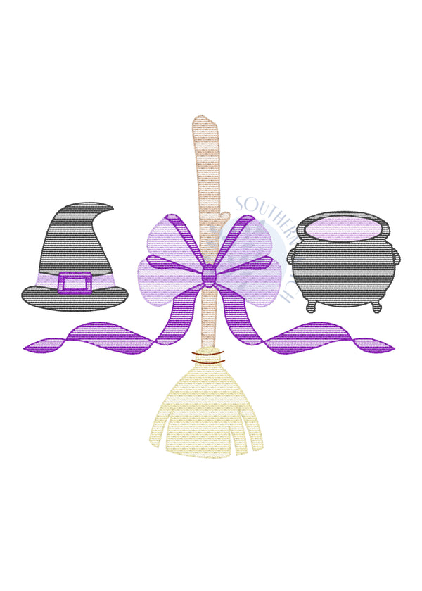 Halloween Witch Broom Bow Hat Cauldron Trio Sketch Light Fill Machine Embroidery Fall Design Instant Digital Download 4x4. 5